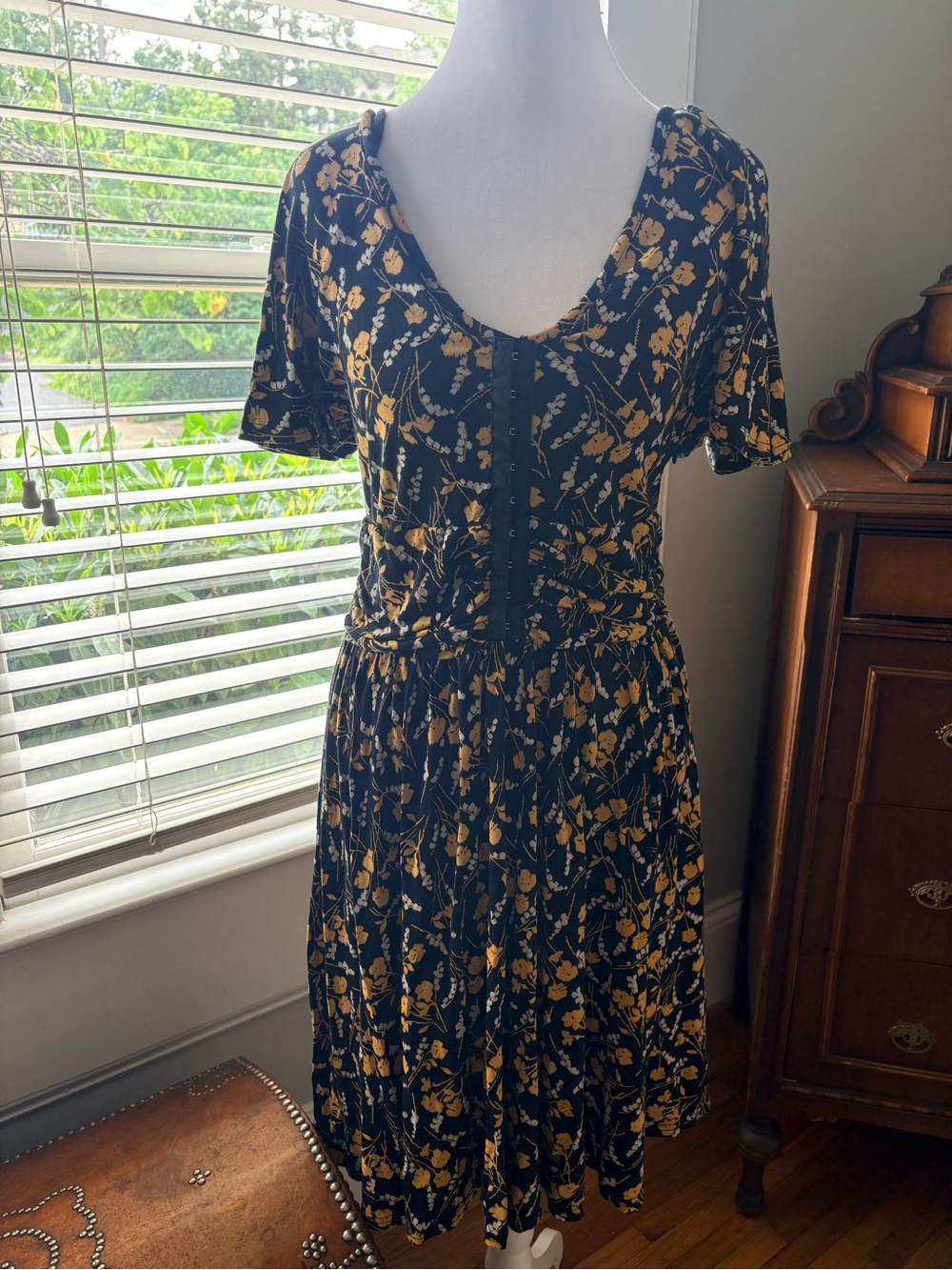 Maeve Black Dress with Mustard Floral Print